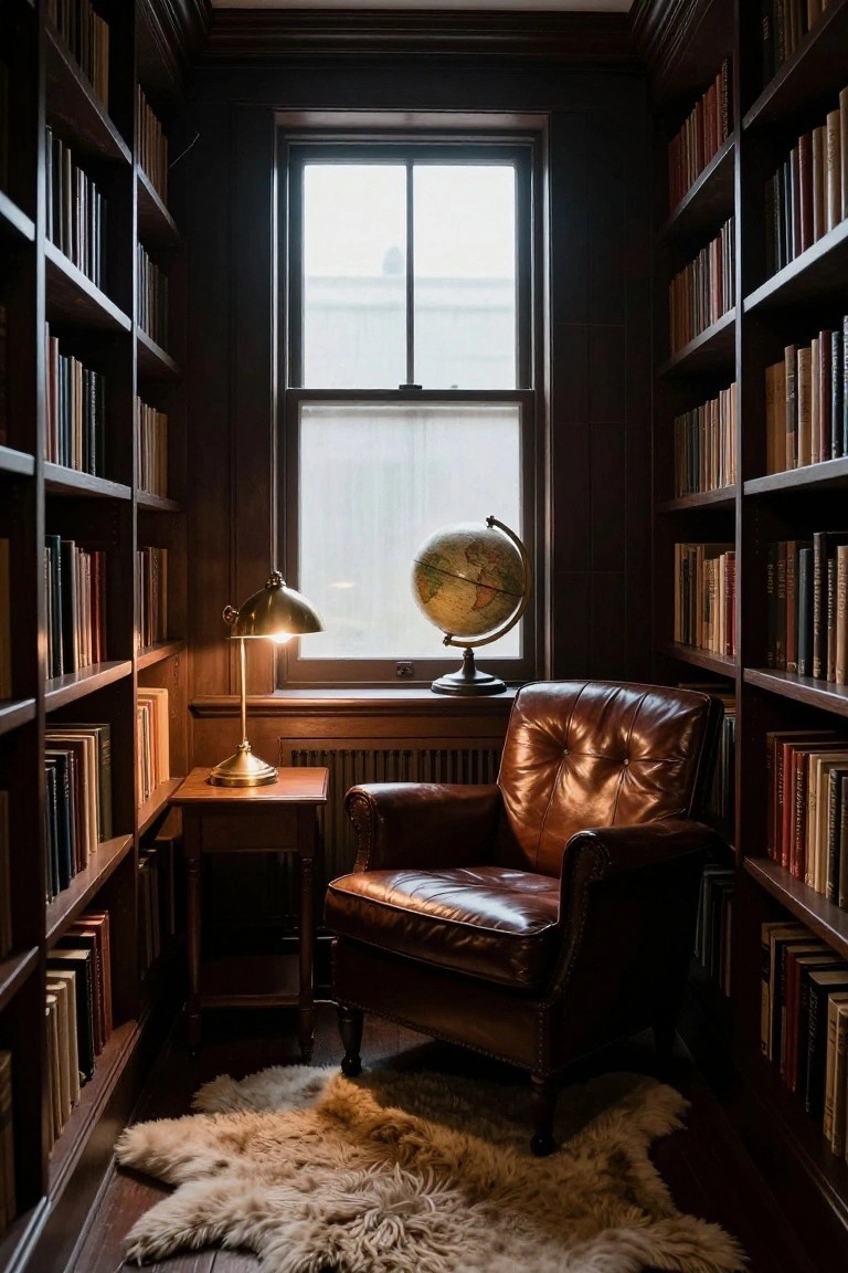 Narrow interior room with dark wood bookshelves filled with books lining the walls, brown leather armchair next to wooden side table holding brass lamp and globe, near a window, sheepskin rug on wood floor