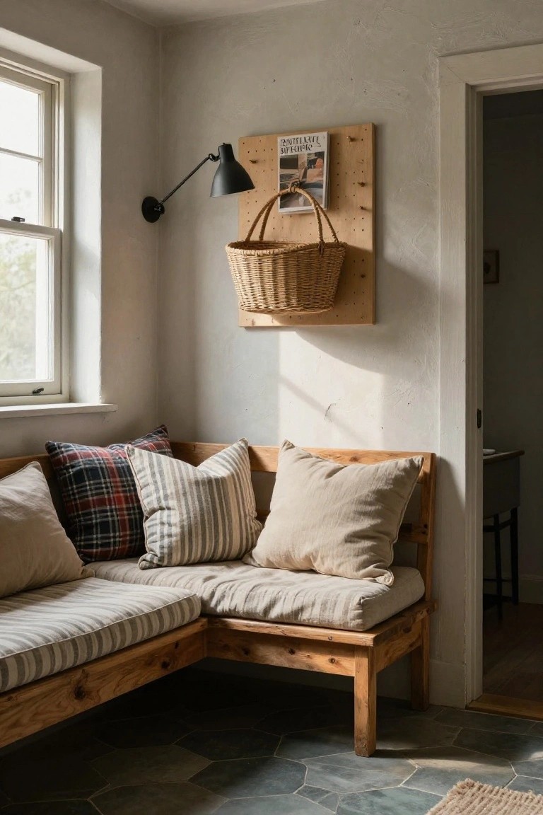 Corner L-shaped wooden bench with assorted pillows including plaid and striped ones, in a light gray room with a window, wall-mounted black lamp and wicker basket on pegboard, and hexagonal gray floor tiles.