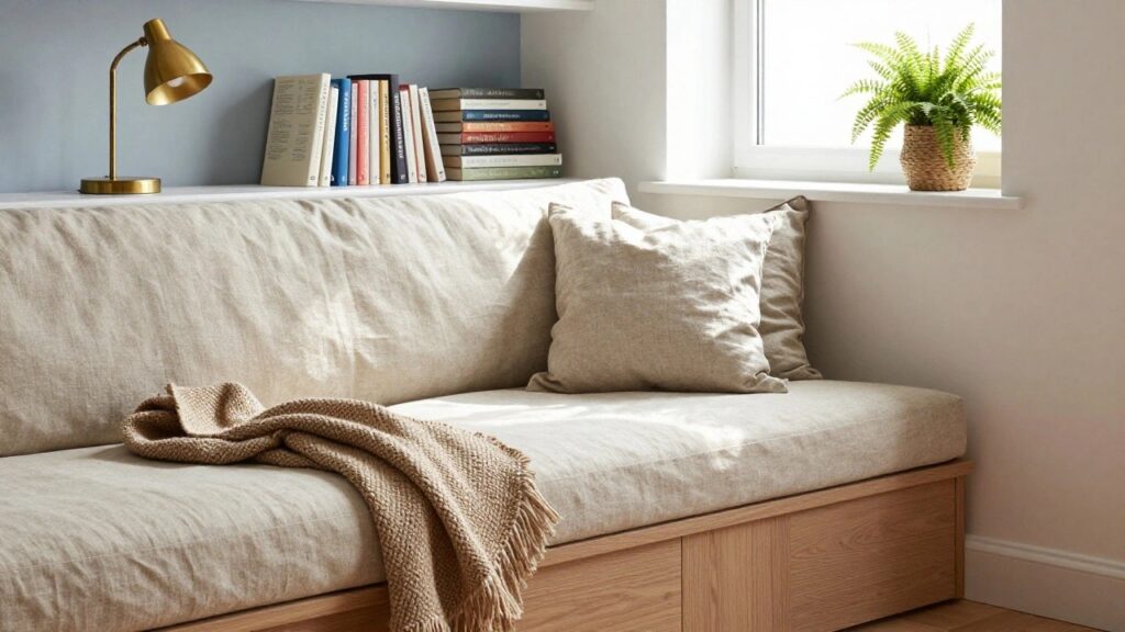 Built-in linen-upholstered window bench with beige pillows, knit throw blanket draped over it, stack of books, potted fern in woven basket on windowsill, and gold adjustable wall lamp next to blue accent wall.