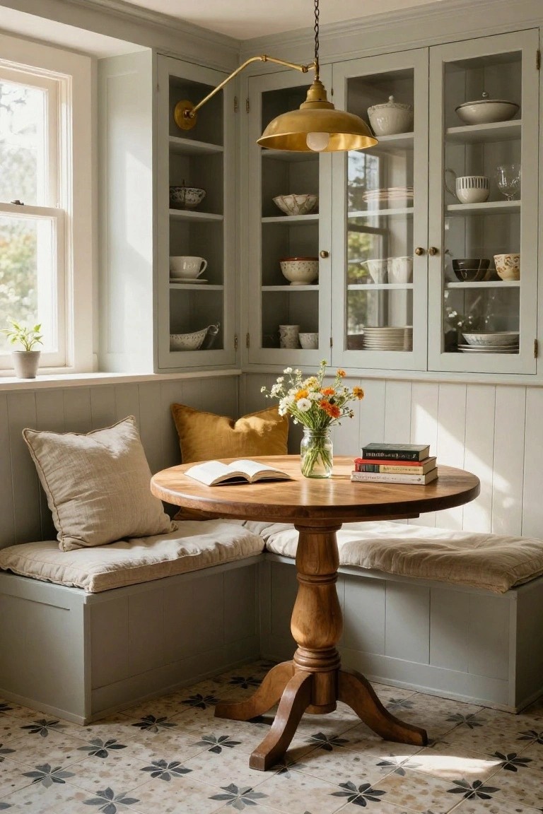 Kitchen corner with gray paneled cabinets and open shelves displaying dishes, L-shaped cushioned banquette around a round wooden pedestal table with open book and flowers, brass pendant light, window with plant, and patterned tile floor.