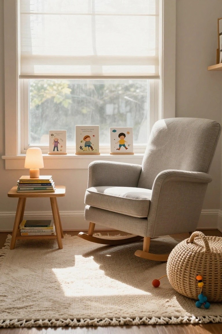 Light-filled nursery corner with gray upholstered rocking chair, wooden side table holding stacked books and a beige lamp, children's books propped on windowsill above, woven basket with toys on beige rug.