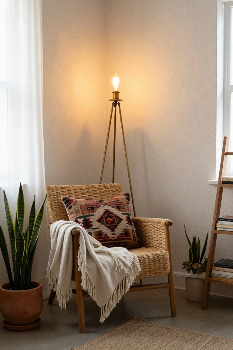 A wicker armchair with a multicolored patterned pillow and white throw blanket sits in a light corner next to a tall snake plant in a terracotta pot, with a brass tripod floor lamp, small potted plant, ladder shelf with books, sheer curtains on windows, and seagrass rug on the floor.
