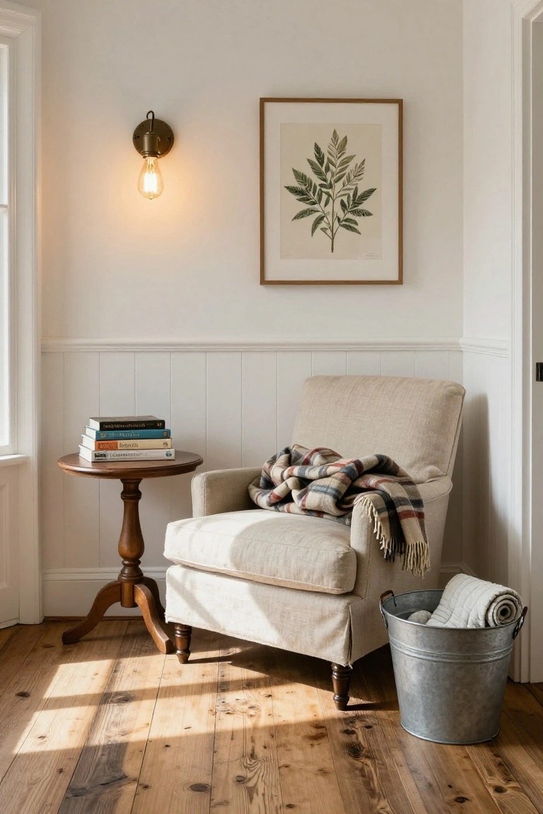 Cream slipcovered armchair with plaid throw blanket in a white-wainscoted corner room, next to wooden pedestal table with stacked books, botanical leaf print on wall, wall sconce lit, galvanized bucket with linens on oak floor.