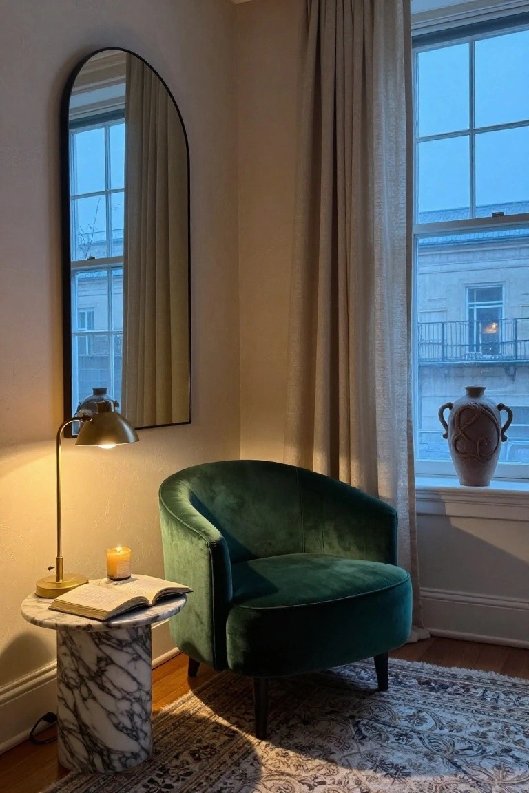 Green velvet armchair next to a white marble pedestal table with brass lamp, lit candle, and open book on it, beside a black arched floor mirror and beige curtained window in a light room with wood floor and patterned rug.