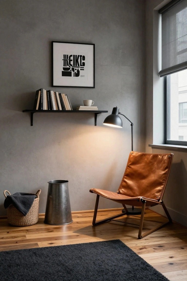 Corner room interior with tan leather sling chair, black adjustable task lamp on floor stand, wall-mounted black shelf holding stacked books and white coffee cup, galvanized metal bucket, wicker basket with gray blanket, black shag rug on light wood floor, textured gray walls, and large window with roller blind.