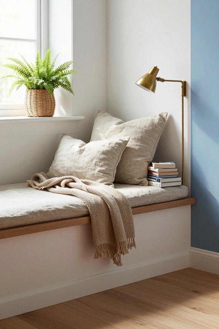 Built-in linen-upholstered window bench with beige pillows, knit throw blanket draped over it, stack of books, potted fern in woven basket on windowsill, and gold adjustable wall lamp next to blue accent wall.