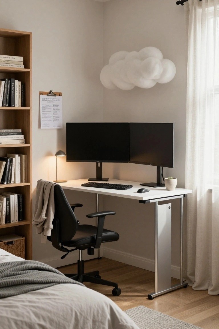Small bedroom corner setup with white adjustable desk supporting two black monitors, white keyboard, mouse, and desk lamp, black office chair, wooden bookshelves on one side, gray bed on the other, cloud-shaped white wall light, and sheer curtains on window.
