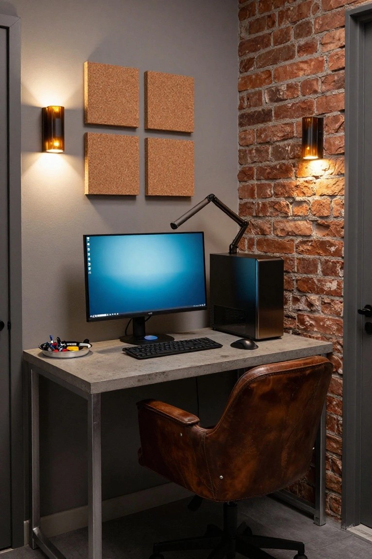 Gaming desk setup in a small room with blue-lit monitor, black PC tower, mechanical keyboard, gooseneck lamp, leather armchair, cork wall panels, and exposed brick wall with wall lights.