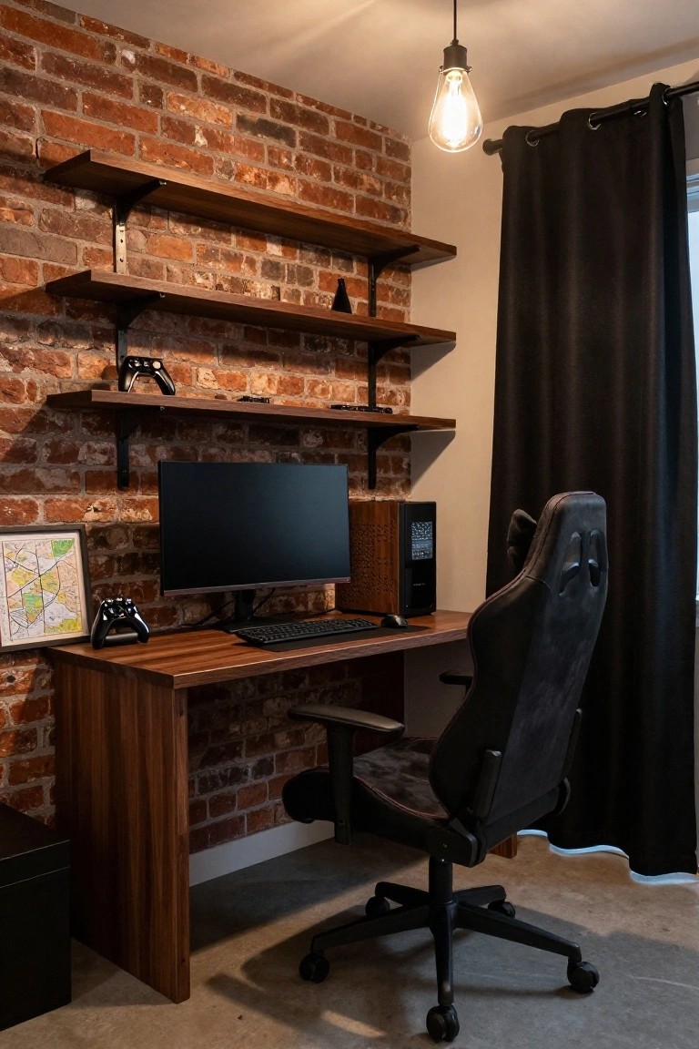 Gaming desk setup in a small room with exposed brick wall, floating wooden shelves holding controllers, walnut desk and PC tower, black monitor, keyboard, and ergonomic chair.