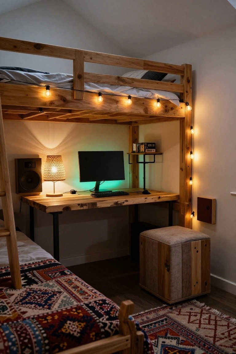 Wooden bunk bed with bedding above a rustic desk holding a monitor, keyboard, lamp, speakers and stool in a small room with string lights and a colorful rug.