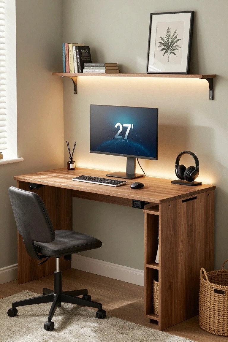 Wooden L-shaped corner desk with monitor showing 