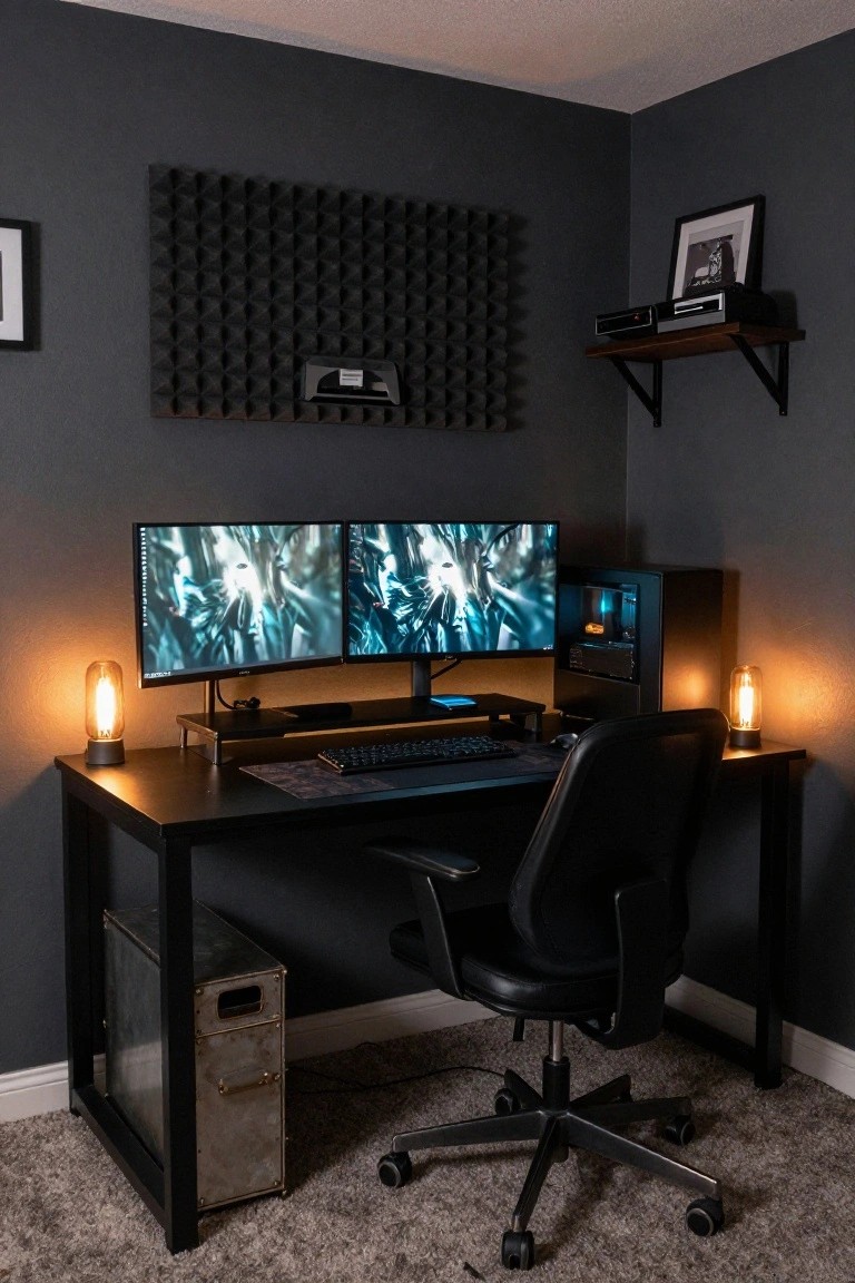 Dark corner room with black metal desk holding dual curved monitors, mechanical keyboard, RGB-lit PC tower, black office chair, acoustic foam panels on wall, and two Edison bulb lamps.