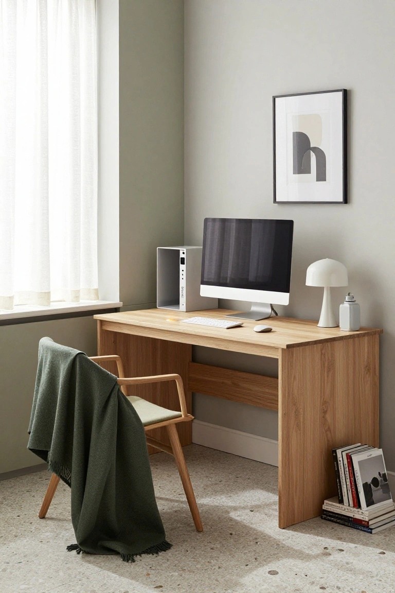 A corner desk setup in a light green room with sheer curtains on the window, featuring a light wooden desk holding an iMac monitor, keyboard, mouse, small white PC case, mushroom-shaped lamp, white vase, stack of books, and a wooden chair draped with a green blanket.