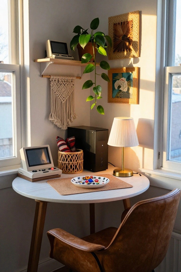 Corner of a light-filled room with a white round table used as a desk holding a retro beige computer monitor, nearby black PC tower, wicker basket with socks, leather armchair, potted plant on shelf, macrame hanger, and woven wall art by two windows.