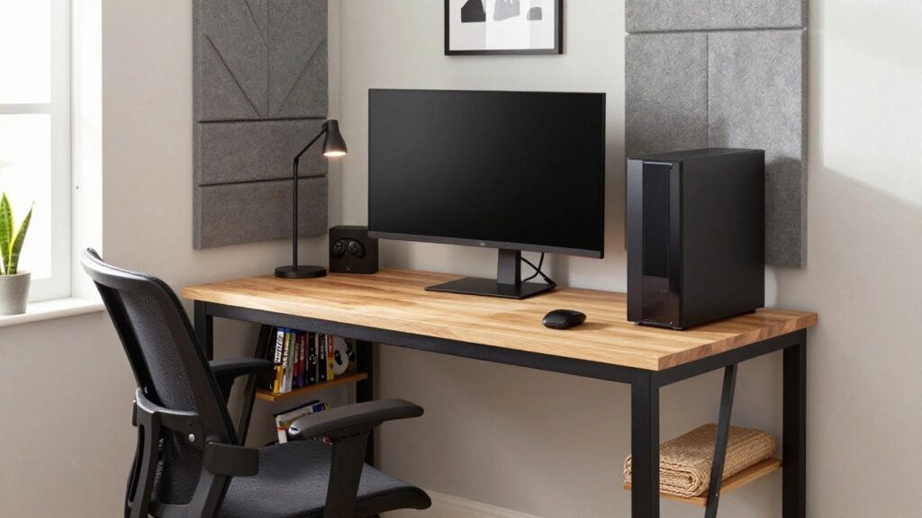 Small room gaming setup with wooden desk holding monitor, PC tower, keyboard, mouse, and mesh office chair, plus black metal ladder shelf displaying controllers and plant, gray acoustic wall panels, and window with blinds.