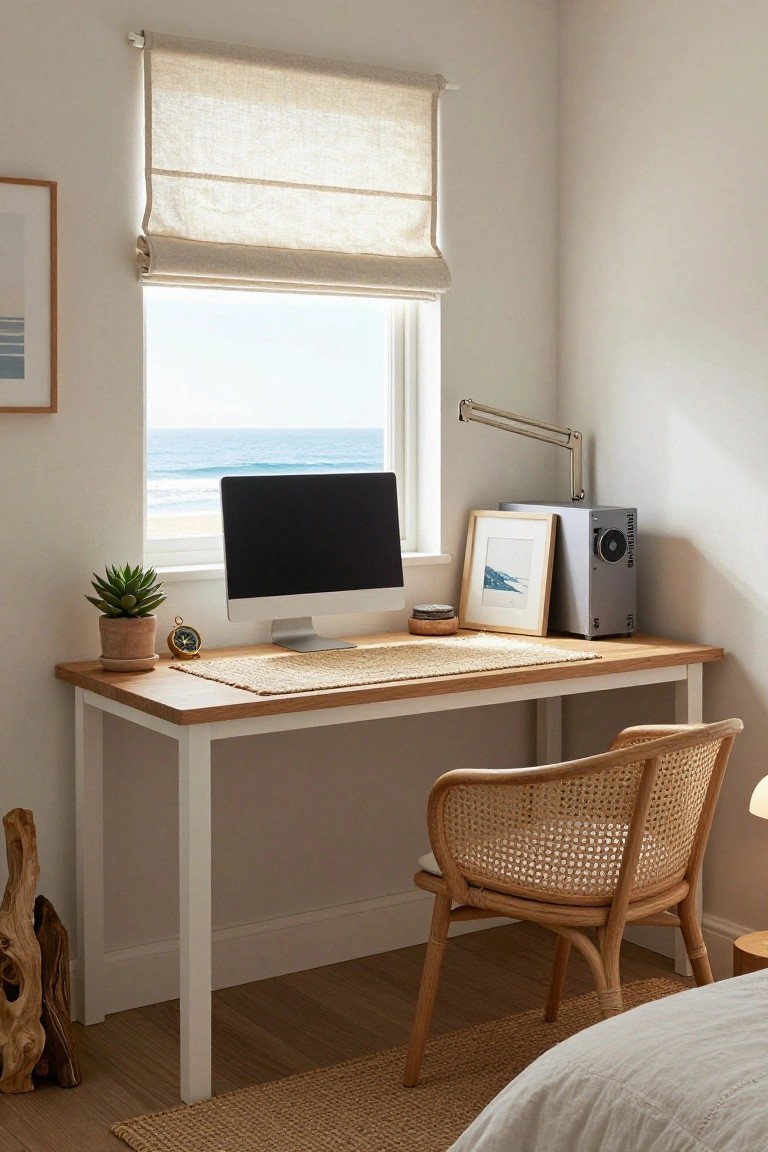 Wooden desk with black computer screen, gray PC tower, potted succulent, clock, rattan chair, and lamp in a white corner room with linen window shade and ocean view.