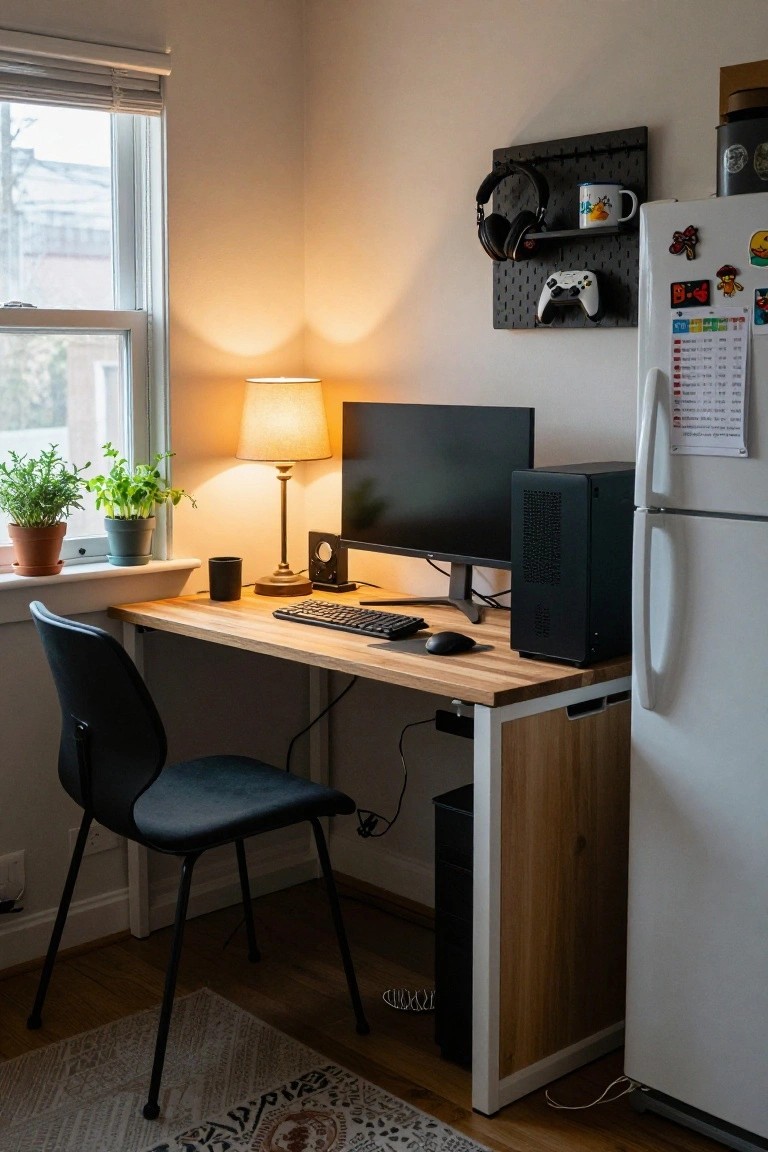 A wooden desk with black monitor, keyboard, mouse, and PC tower in a room corner next to a white refrigerator, with a pegboard on the wall holding headphones and Xbox controller, and plants on the windowsill.
