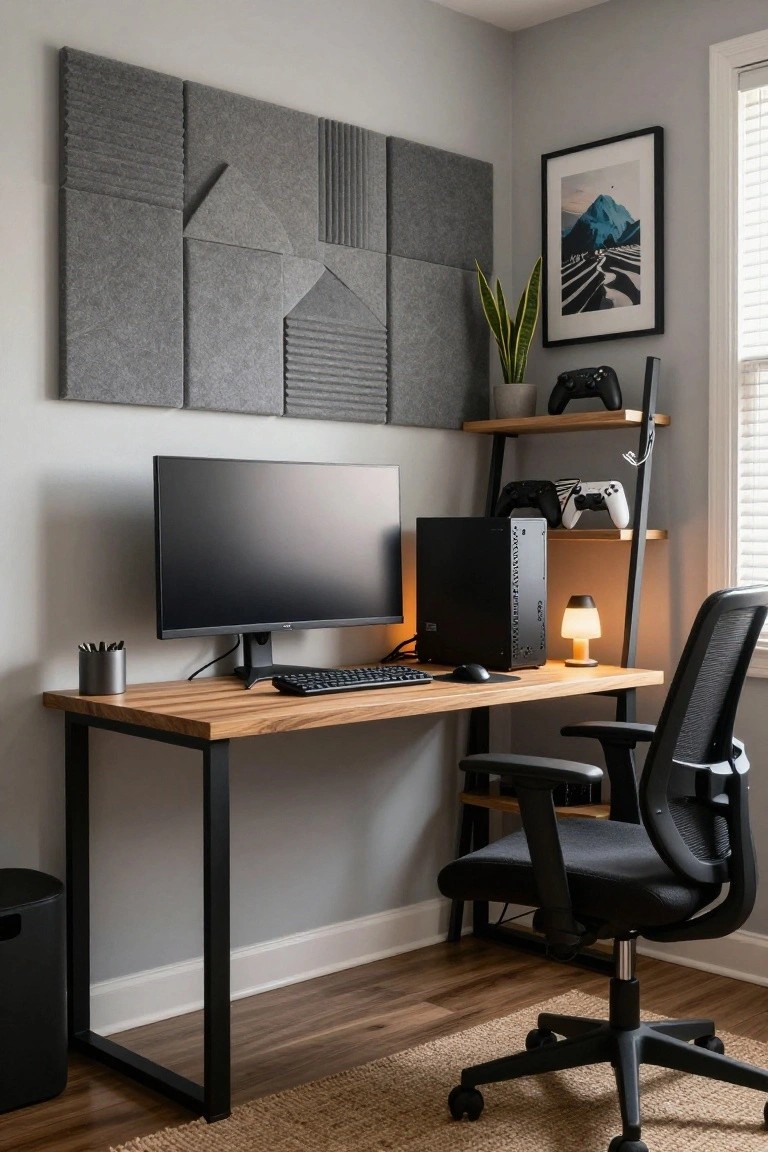 Small room gaming setup with wooden desk holding monitor, PC tower, keyboard, mouse, and mesh office chair, plus black metal ladder shelf displaying controllers and plant, gray acoustic wall panels, and window with blinds.
