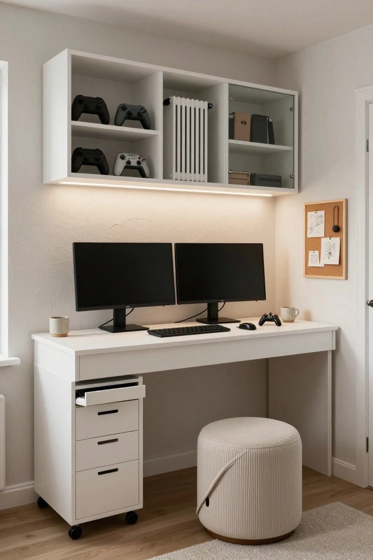 White corner desk with dual black monitors, keyboard, mouse, game controller, and mug in a light room with overhead white open shelving displaying controllers, radiator, corkboard, and beige pouf stool on wood floor.