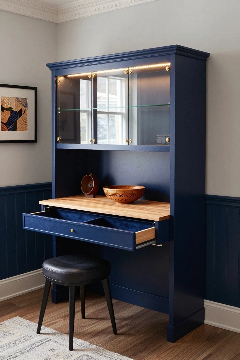Navy blue wooden cabinet in a corner room with glass-fronted upper shelves lit by LED strips, open pull-out wooden desk drawer, woven bowl and clock on the desk surface, and black leather stool nearby against blue wainscoting and light wood floor.