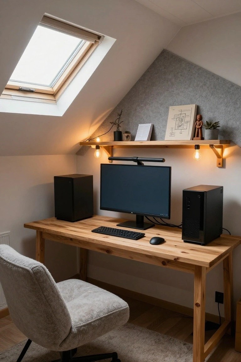 Gaming desk setup in an attic room under sloped white ceiling with skylight, wooden desk holding monitor keyboard and mouse, two black PC towers flanking it, floating wooden shelf with warm bulb lights plants and art above.