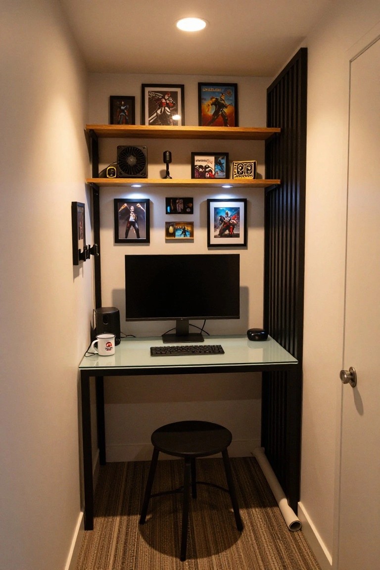 Small indoor gaming setup with wooden wall shelves displaying posters, figurines, and memorabilia above a glass desk holding a monitor, keyboard, and mug, next to a black slatted wall panel and a black stool.
