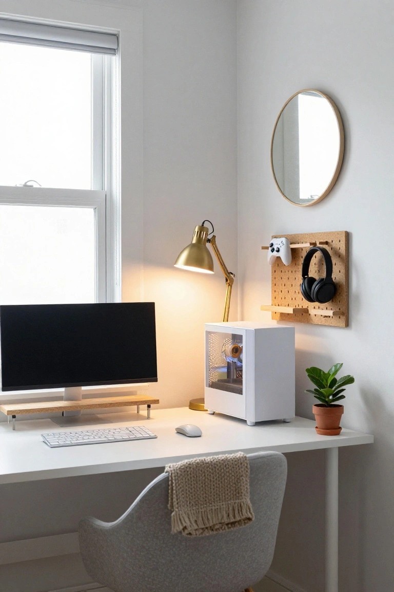 Corner room setup with white desk holding elevated black monitor on wooden stand, white keyboard and mouse, adjacent white PC tower, gold arched lamp, cork pegboard wall with black headphones and white game controller, potted green plant, round wood mirror, and gray curved chair with beige throw.
