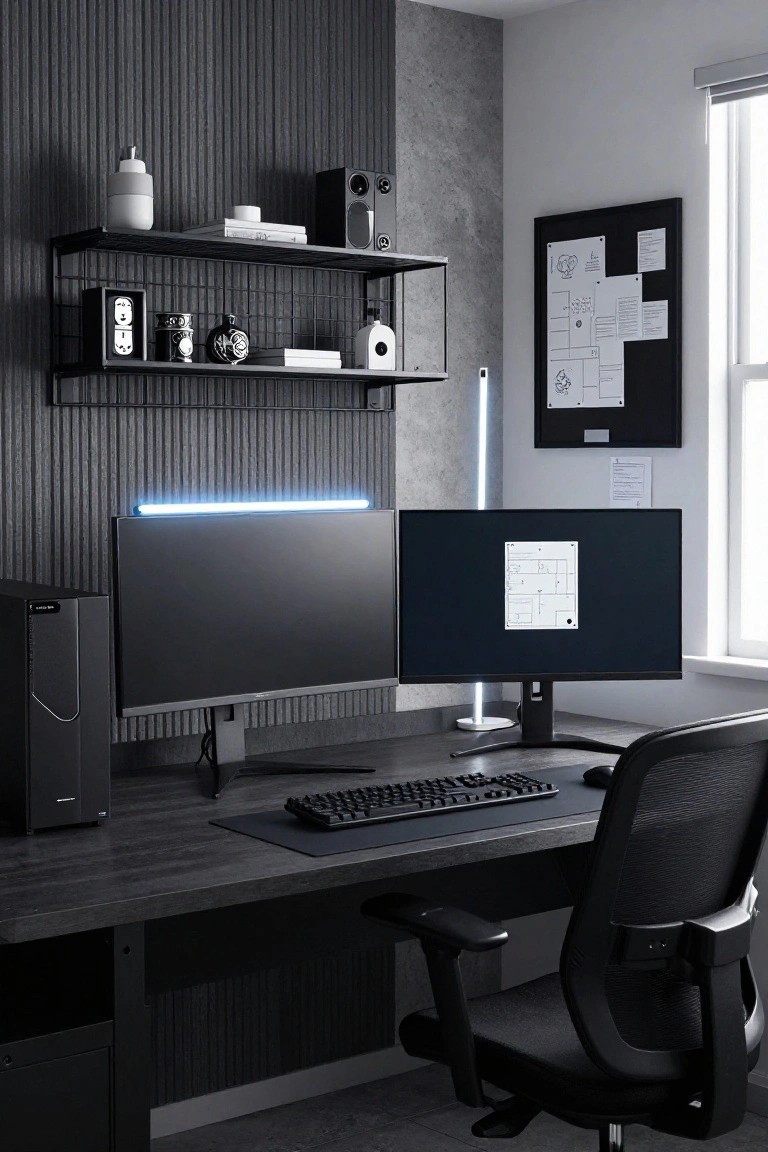 A compact gaming setup in a small room with dual black monitors on a dark wood desk, black PC tower beside, mechanical keyboard and mouse, black mesh office chair, black metal wall shelves above displaying jars, books, and speakers, against dark slatted walls with blue LED strip lighting.