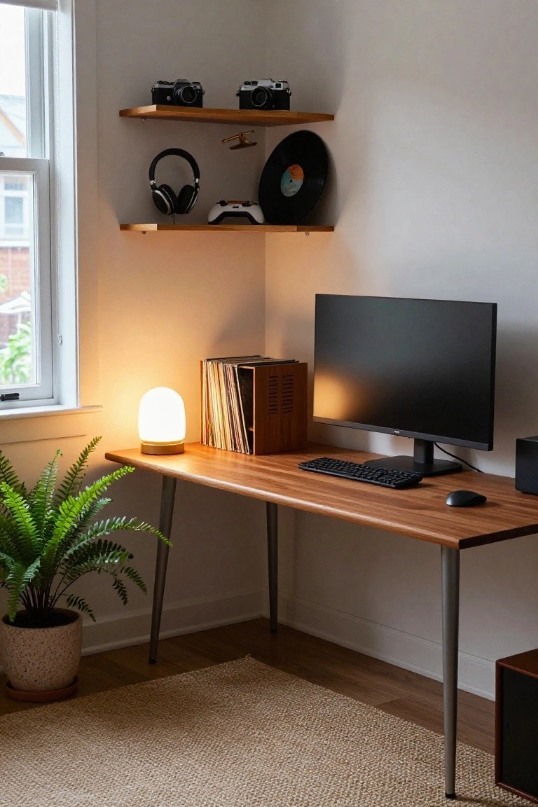 Corner of a room with a wooden desk holding a black monitor, black keyboard, mouse, and speakers, next to wooden shelves stocked with vinyl records, books, cameras, headphones, and a gaming console, plus a potted fern plant and a lit lamp.