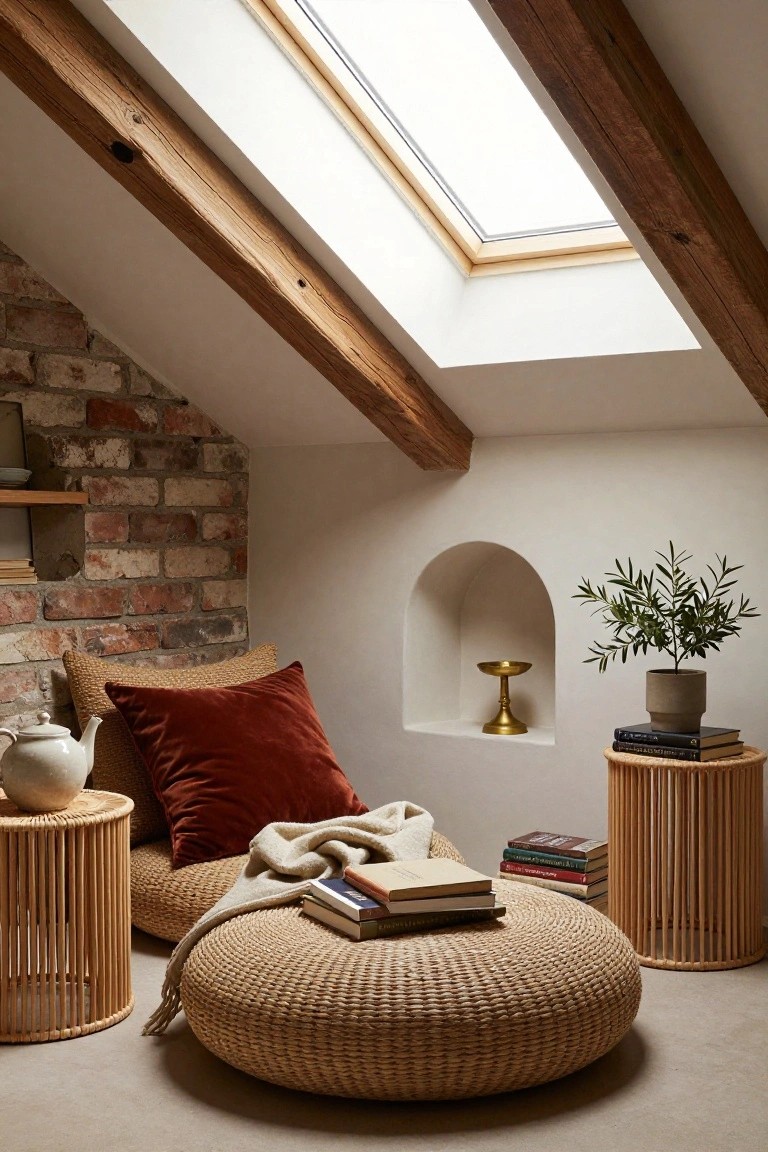 Cozy attic space with a round woven seating area, bricks, plants, and skylight.