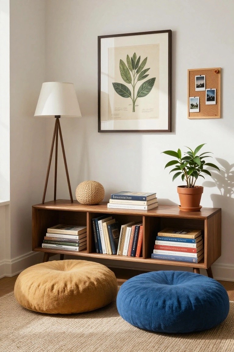 Indoor room corner with wooden console table holding stacked books, woven ball, and potted plant, tripod floor lamp, botanical wall print, corkboard with photos, and two large round floor poufs in orange and blue on seagrass rug.