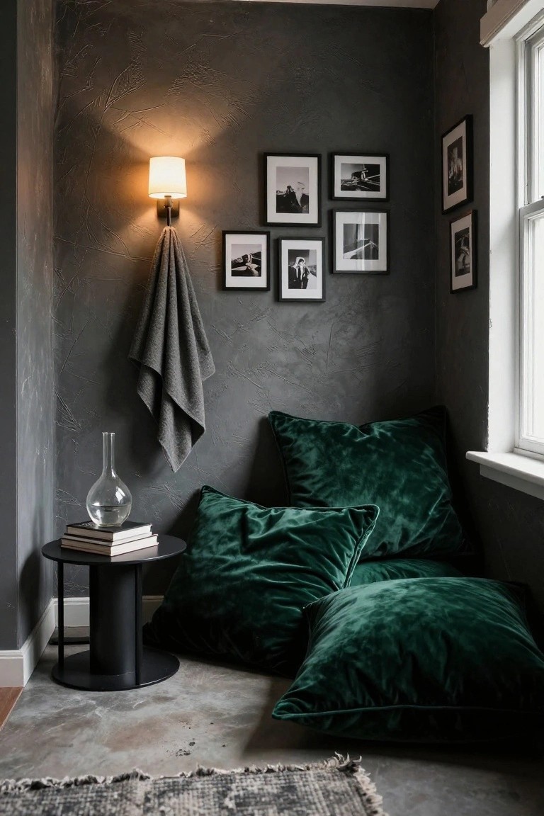 Corner indoor nook with textured gray walls, multiple large emerald green velvet floor pillows, black metal side table topped with stacked books and a clear glass vase, wall lamp with white shade and gray towel draped over hook, several black-and-white framed photos, and a window with white trim.