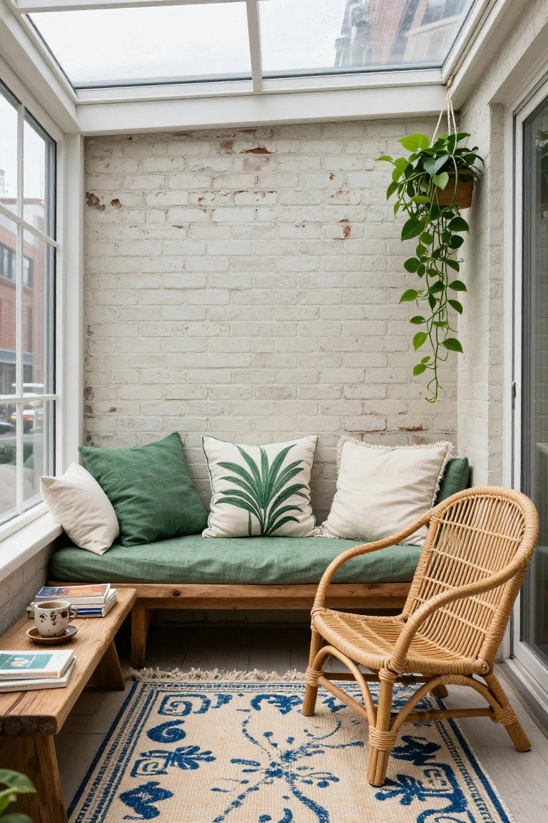 Glass-enclosed sunroom with white brick walls, wooden bench piled with green and white cushions, rattan armchair, wooden side table holding books and a teacup, hanging potted plant, and blue patterned rug on the floor.