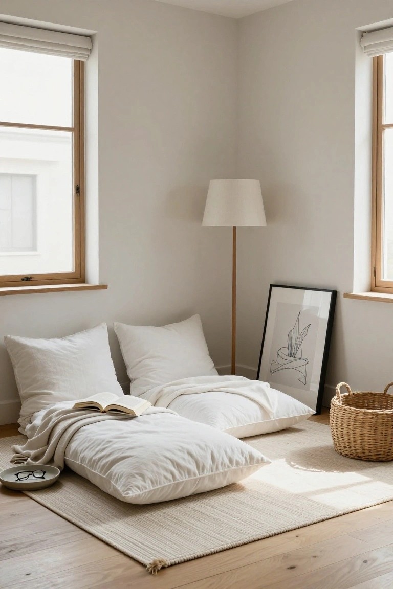 Cozy indoor corner with stacked white floor pillows, an open book and glasses on a small plate, a floor lamp, black-framed line art, wicker basket, beige walls, wood floors, and sheer window shades letting in light.