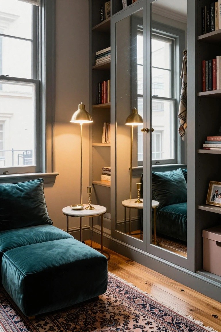 A cozy interior reading nook with low emerald green velvet floor cushion seating, gold floor lamps, marble side table, built-in gray bookshelves with mirror doors, and a patterned rug on wood floors beside tall windows.