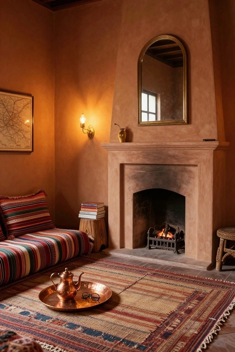 Cozy indoor room with terracotta walls, arched gold mirror, lit stone fireplace, low floor seating with colorful striped cushions, woven rug, copper teapot on tray, and small wood stool.