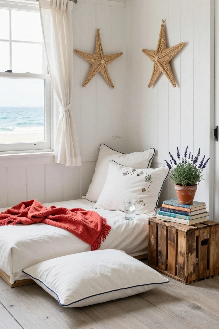 Cozy indoor corner with low white platform bed covered in orange throw blanket and large white pillows, wooden crate side table holding stacked books and glass of water, potted lavender plant, white paneled walls, sheer curtains on window showing ocean view, and woven starfish wall hangings on light wood floor.