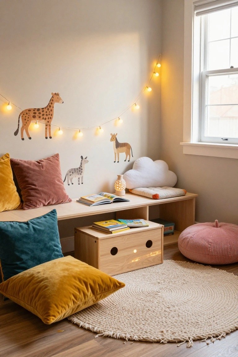 Indoor reading nook with wooden bench holding books, surrounded by colorful velvet floor pillows in yellow, pink, teal, and mauve, animal decals on walls, string lights, cloud pillow, and round rug on wood floor.