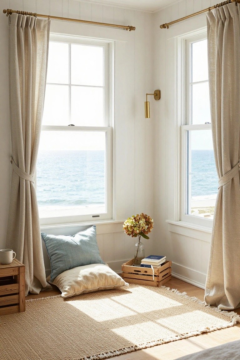 Corner of a white room with two large windows overlooking the ocean, beige linen curtains on brass rods, blue and cream floor pillows on a light seagrass rug, wooden crate side table with mug, flowers in vase, and stacked books.