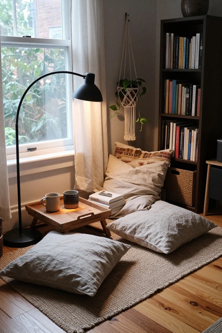 Cozy reading nook with floor lamp, cushions, books, and a wooden tray with mugs.