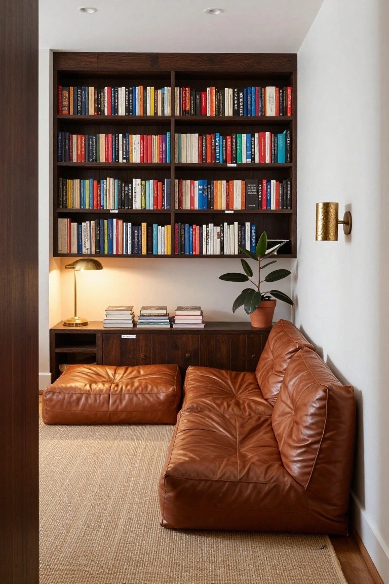 Modern interior reading nook with dark wood built-in bookshelves filled with books, low wood cabinet holding a gold desk lamp and stacked books, potted plant on top, brass wall light, and two large tan leather floor poufs on a seagrass rug.