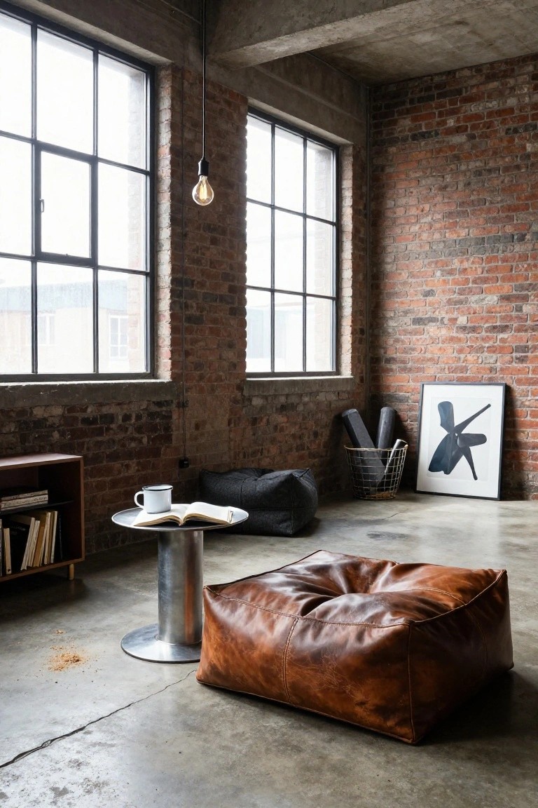 Industrial loft room with exposed brick walls, concrete ceiling, large metal-framed windows, a large tan leather floor pouf, smaller gray fabric poufs, low silver pedestal table with open book and white mug, wooden bookshelf with books, black wire basket with yoga mats, and black and white abstract art on wall.