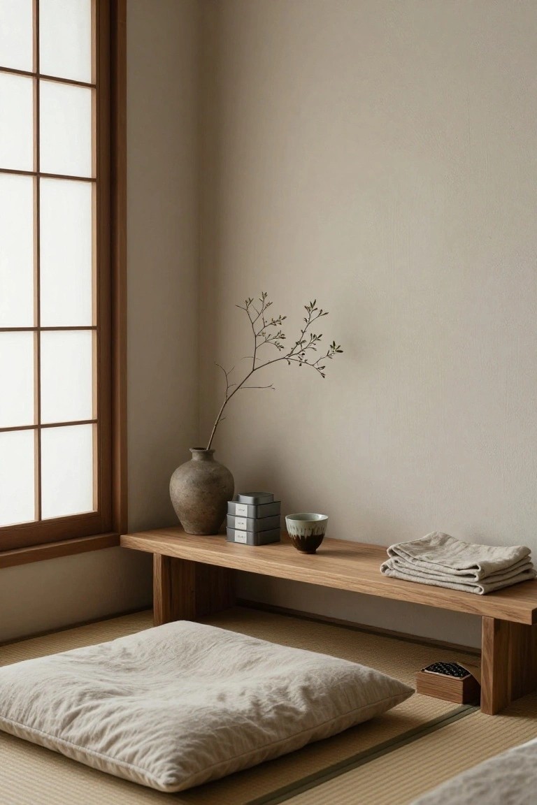 Minimalist Japanese-style room corner with shoji window, low wooden bench holding vase with branch, stacked boxes, ceramic bowl, folded linens, floor cushion on tatami mat, and small wooden box nearby.
