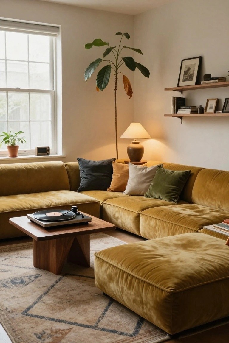 Living room corner with mustard yellow velvet L-shaped modular sofa, large square matching ottoman, triangular wooden coffee table with silver record player, potted plants, floating wooden shelves with books and frames, and tall ceramic lamp.