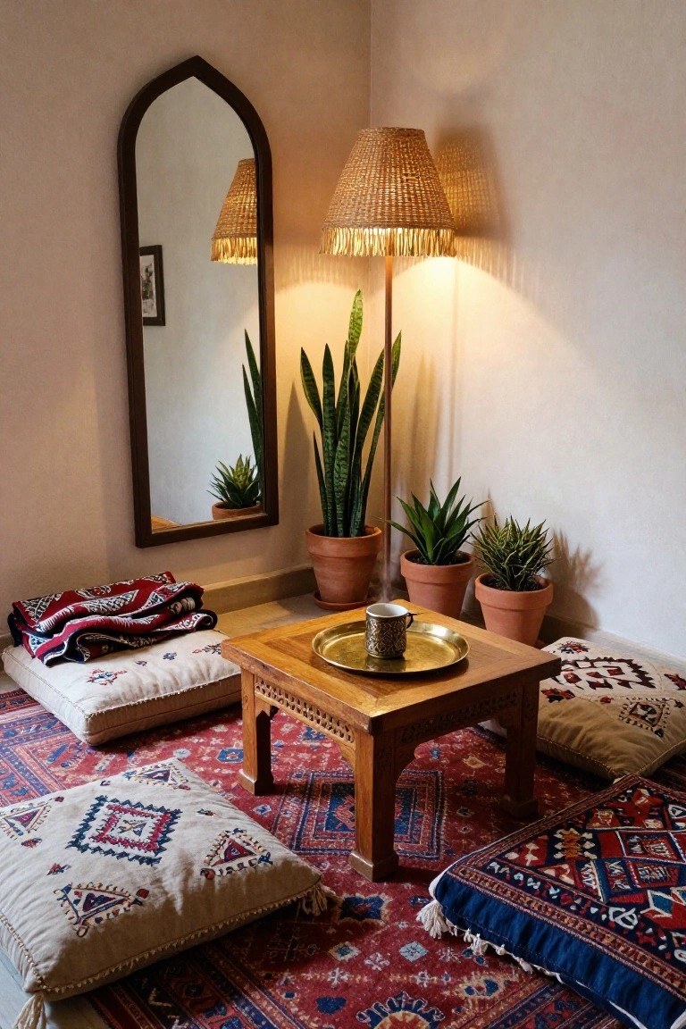 Cozy indoor corner with patterned floor cushions around a low wooden table holding a brass tray and cup, flanked by potted plants, a tall rattan lamp, and an arched mirror on beige walls over a red and blue rug.