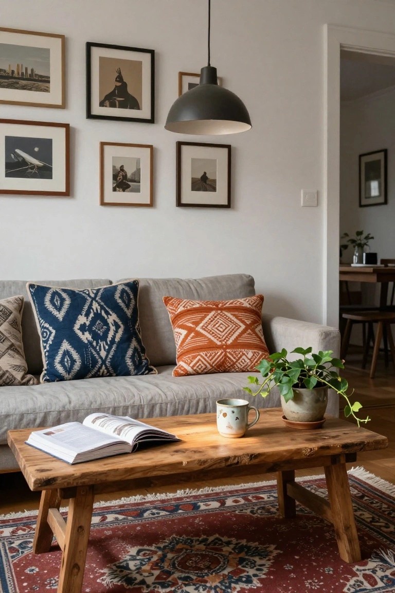 Gray linen sofa with blue ikat pillows, orange geometric pillow, low rustic wooden coffee table holding open book, white mug, and potted ivy plant on red Persian rug in living room with white walls and gallery of black-and-white framed photos.