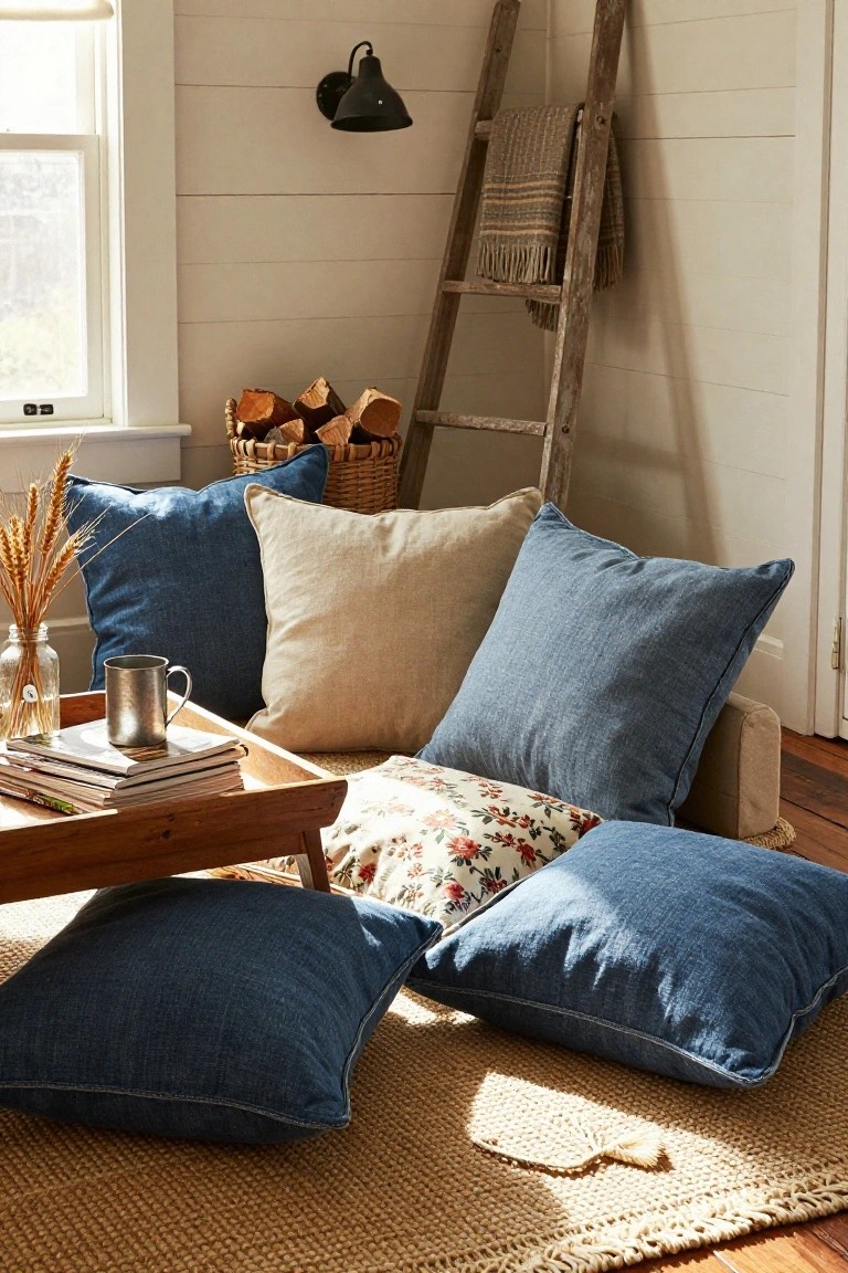 Indoor corner reading nook with oversized blue denim and beige floor pillows arranged on the floor around a low wooden tray table holding books and a metal mug, wheat stalks in a jar, a wicker wood basket, and a wooden ladder with a blanket draped over it against white shiplap walls.