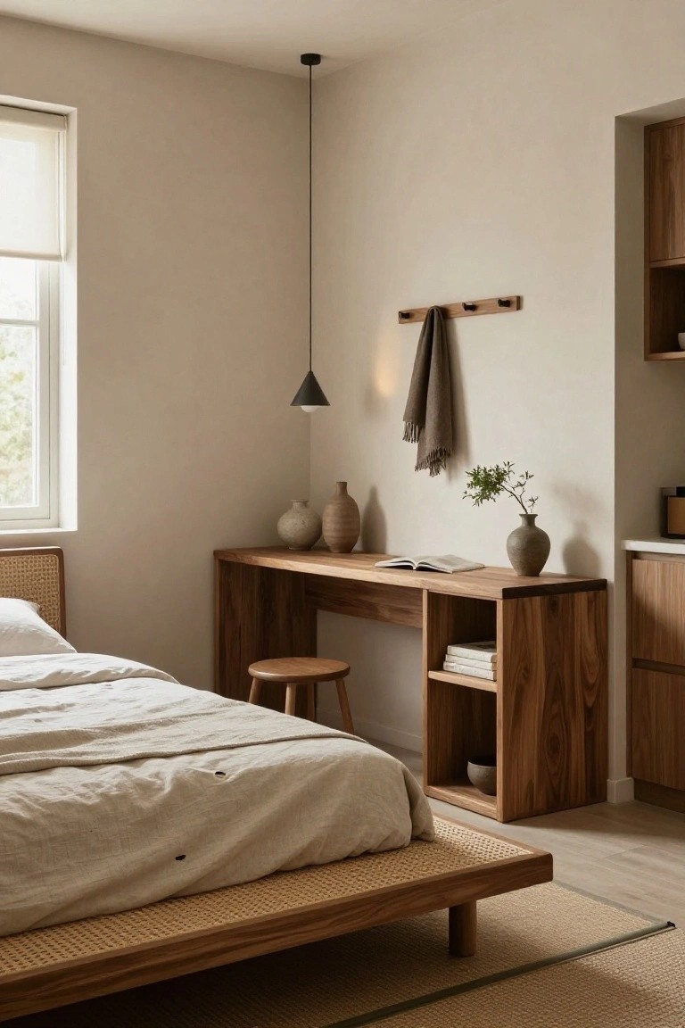 A minimalist bedroom corner with a low rattan-and-wood platform bed next to a wooden desk featuring open shelves stocked with books, a pendant light overhead, ceramic vases on the desk, and beige walls.