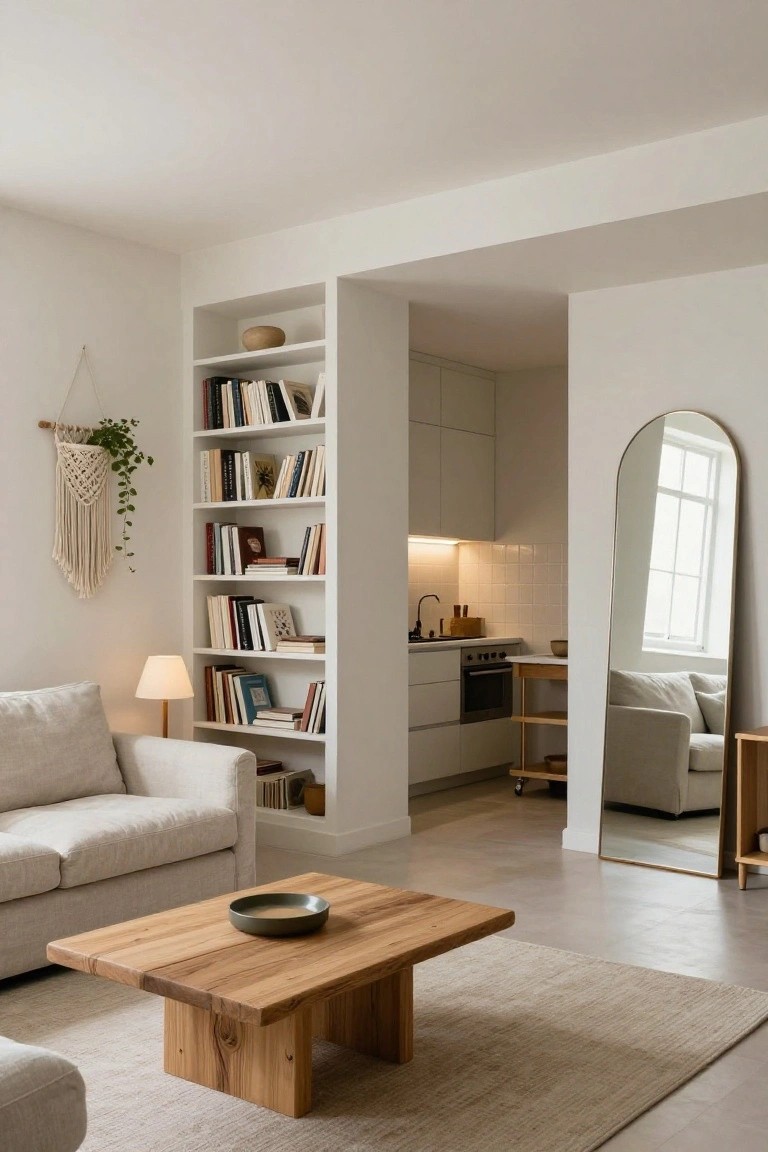 Cozy living space with beige sofa, wooden coffee table, and a bright kitchen nook.