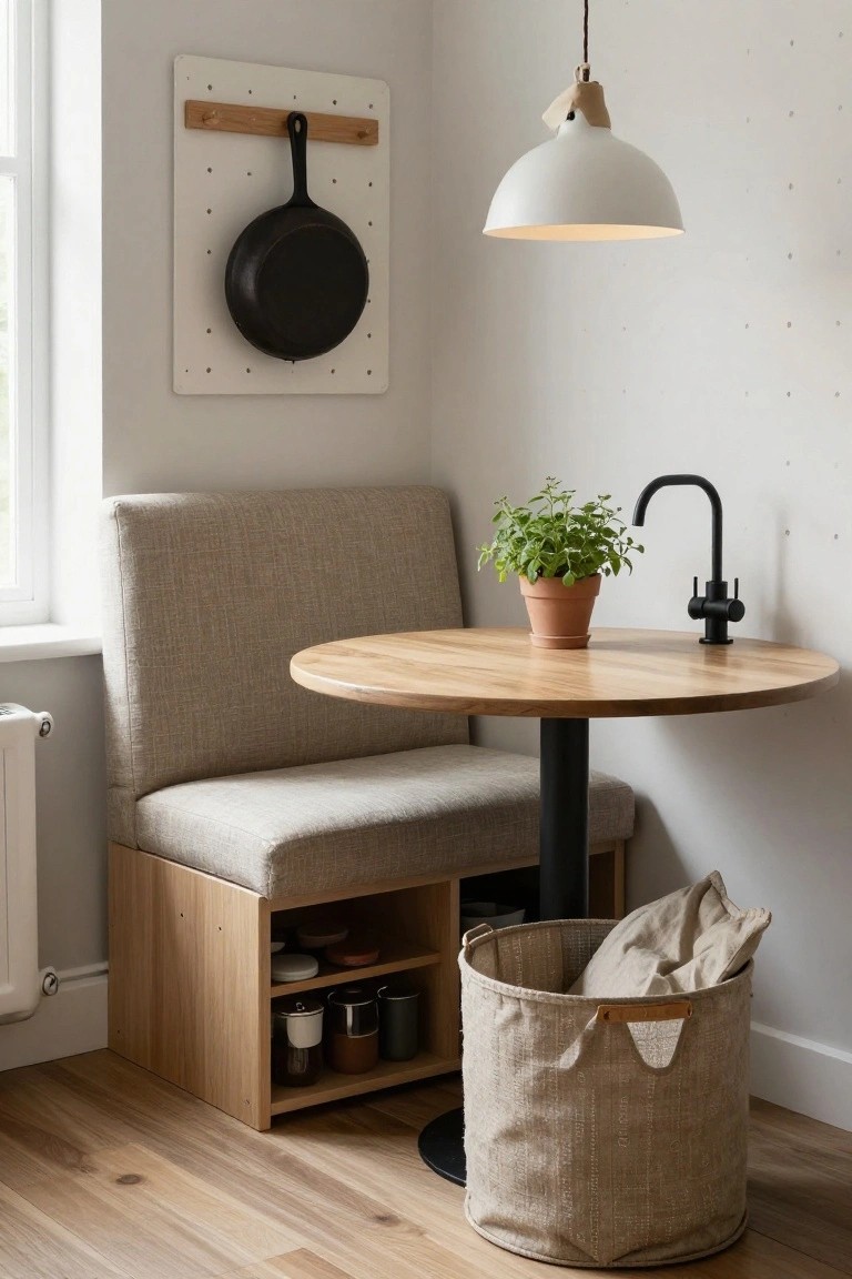 Cozy dining nook with a round wooden table, beige seating, and potted plant.
